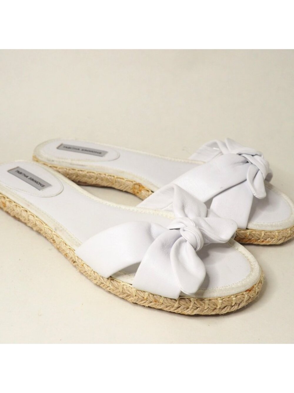 Tabitha Simmons White Leather Bow Open Toe Espadrille Flats Sandals, Size 8.5